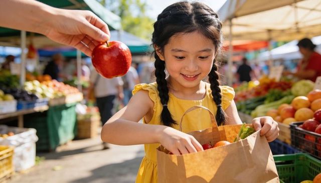 Happy little girl filling paper grocery bag with fresh apples at sunny farmers market