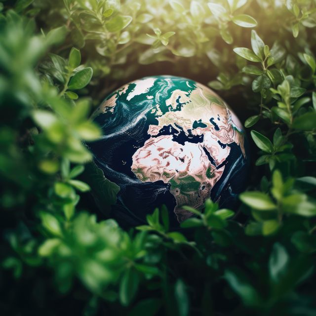 Globe lying in green leaves, created using generative ai technology. Ecology, nature and harmony, digitally generated image.