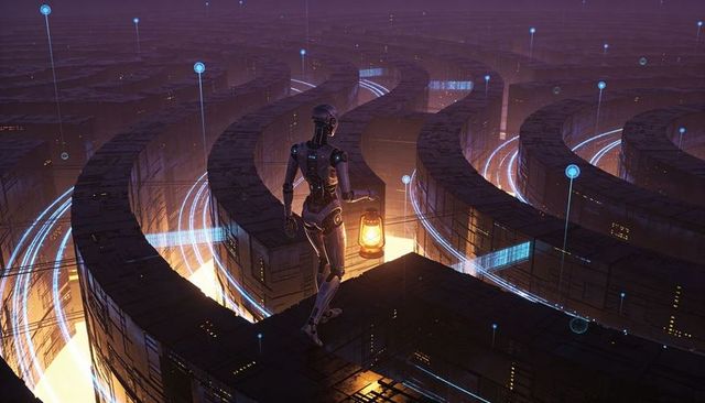 Android holding lantern surveying neon ring megastructure with glowing data trails at night