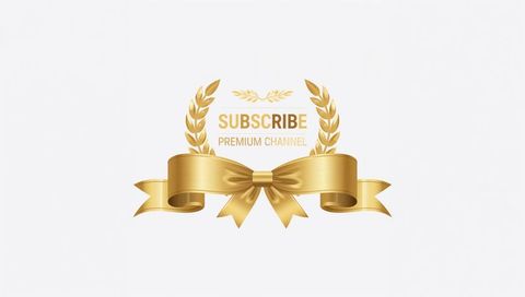 Golden laurel wreath and satin ribbon badge with subscribe premium channel typography