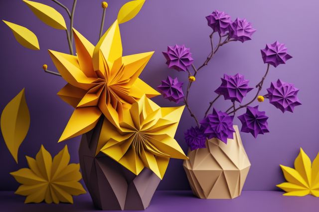 Image of colourful origami flowers on purple background, created using generative ai technology. Origami, art, nature and flowers, digitally generated image.
