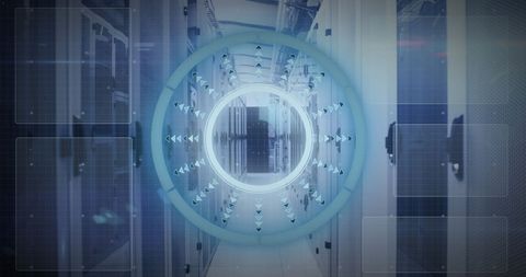 Futuristic data interface in high-tech server room