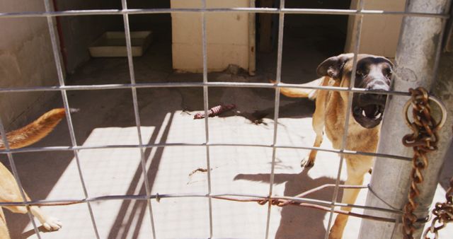 Dogs standing behind wire fence in an indoor animal shelter. Suitable for topics on pet adoption, animal welfare, and shelter conditions. Perfect for illustrating articles about rescue dog shelters, raising awareness on animal adoption, or supporting animal protection campaigns.