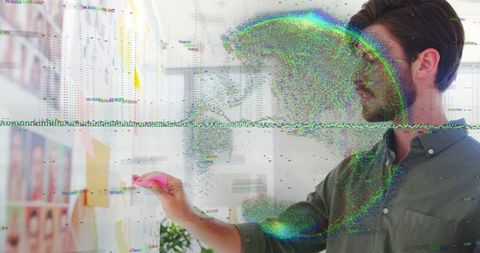 Innovative professional brainstorming on glass wall with digital overlay