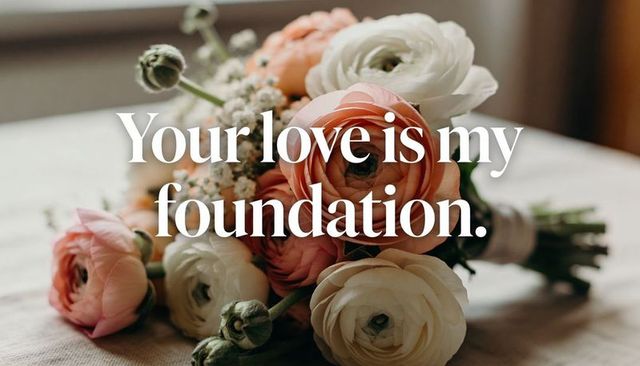 Pastel ranunculus bouquet with baby breath and romantic typographic overlay on linen table
