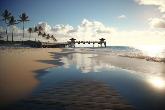 Peaceful sunrise scenery at a tropical beach with a wooden pier and palm trees. Could be used for vacation ads, travel brochures, relaxation themes, and nature wallpapers showcasing coastal beauty.
