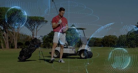 Male Golfer on Fairway Using Augmented Reality Data Overlays with Golf Cart and Gear