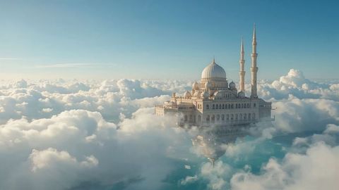Majestic Mosque Floating Above Clouds in Surreal Landscape