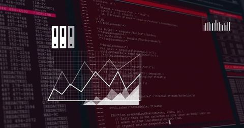 Displaying white line chart overlay on dark code dashboard with analytics grid and binder