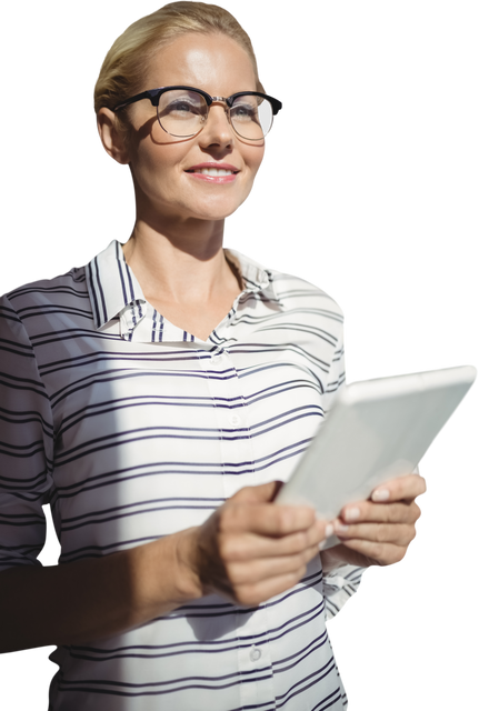 Transparent Background Smiling Blonde Woman with Tablet - Download Free Stock Videos Pikwizard.com