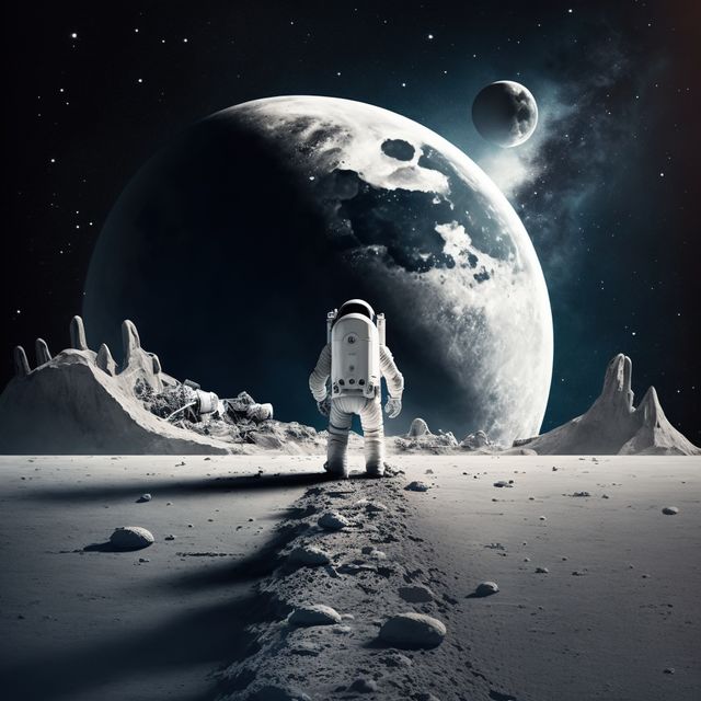 This image of an astronaut standing on the moon with Earth and another moon in the background is ideal for space exploration themes. It can be used to illustrate features on technology blogs, educational materials about space, promotional materials for sci-fi media, or inspiration in creative design projects. The astronaut’s presence against the vast cosmic backdrop emphasizes adventure and discovery.