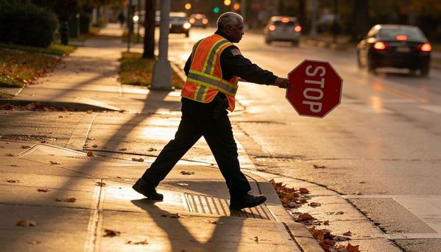 Senior crossing guard holding stop sign at urban crosswalk during golden hour autumn leaves