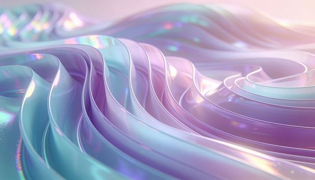 Iridescent pastel ribbon waves flowing into luminous glossy abstract surface, soft gradient