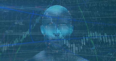 Futuristic Blue AI Head with Digital Data Overlay