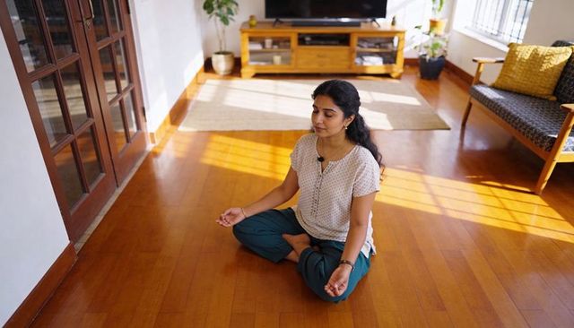 Woman meditating in sunlit living room practicing mindfulness with lapel microphone
