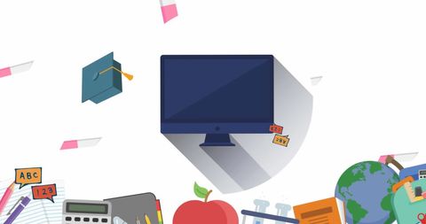 Education and Technology Symbols Surrounding Computer Monitor