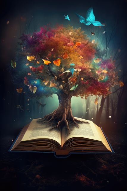 Magical tree sprouting from open book with colorful butterflies and leaves swirling around conveys themes of imagination, creativity, and storytelling. Perfect for illustrating concepts in fantasy literature, magical realism, creative writing, or artistic inspiration. Great for book covers, editorial illustrations, or promotional materials in the publishing and arts industries.