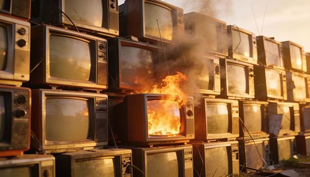 Vintage crt televisions burning in junkyard stack at sunset, flames and smoke, urban decay