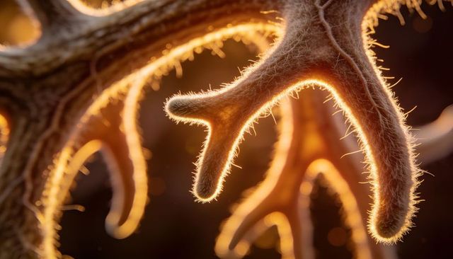 Backlit fuzzy frond macro showing velvet trichomes, golden hour rimlight and warm bokeh