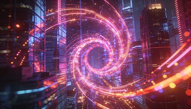 Neon vortex spiraling through future glass tower canyon pulling light trails and data flow