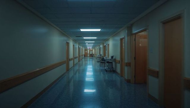 Leading empty hospital corridor featuring reflective blue floor and wooden handrails