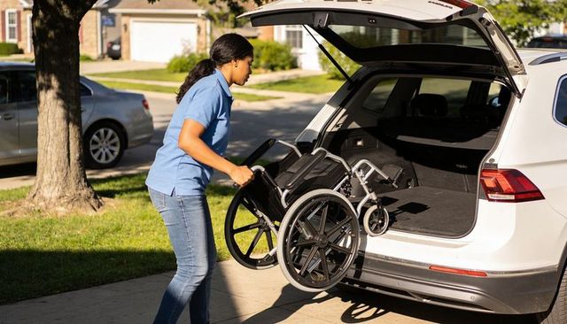 Caregiver loading folding wheelchair into suv trunk in suburban driveway, assisting mobility