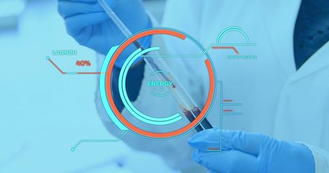 Scientist in Gloves Analyzing a Sample with Futuristic Interface