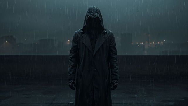 Hooded Figure Surrounded by Rain at Night on Rooftop
