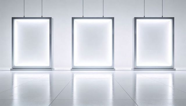 Minimalist backlit display boxes casting reflections and emitting glow in modern gallery
