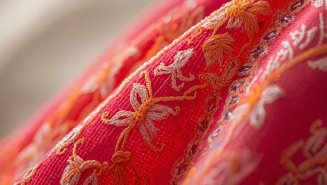 Elegant Red Fabric with Intricate Floral Embroidery