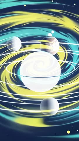 Vertical Cosmic Vortex Revealing Glowing Orbital Core and Orbiting Satellites