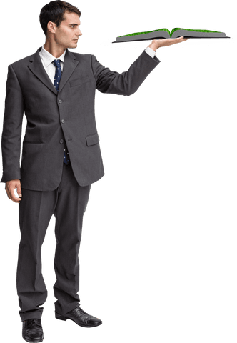 Caucasian Businessman Holding Open Book on Transparent Background