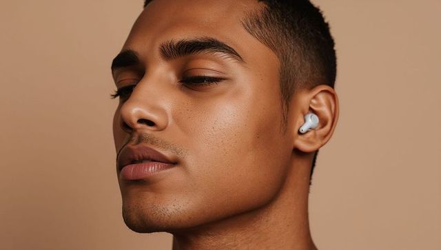Young man wearing wireless earbud in profile showcasing defined jawline and clear skin
