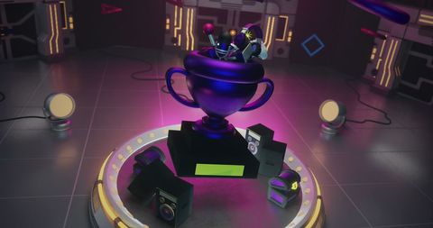 Neon Gaming Stage with Trophy Infused with Technology Elements