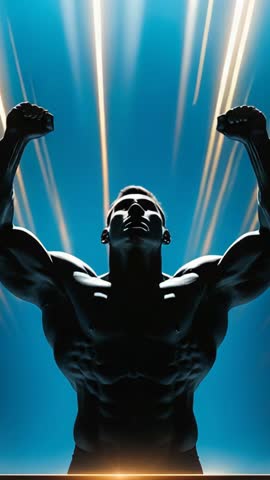 Vertical Video Muscular Silhouette Flexing Under Intensifying Golden Light Beams