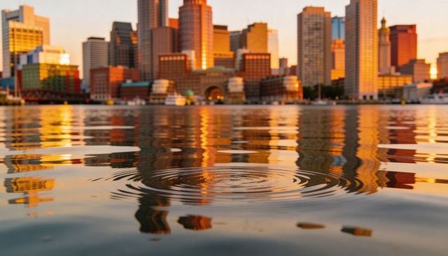 Golden sunset ripples across urban harbor reflecting downtown skyline and calm water