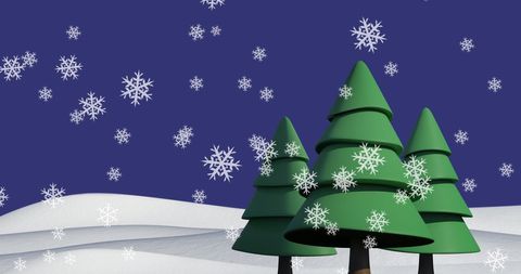 Snowflakes Falling Over Trees on Winter Landscape