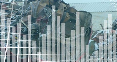 Data graph overlaying automotive recycling junkyard