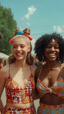 Vertical video capturing two friends laughing at summer fair in vibrant patterned tops