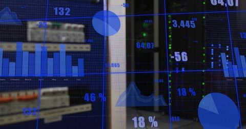 Futuristic transparent data dashboard overlay with blue charts and numeric readouts