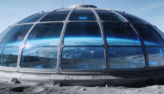 Futuristic lunar habitat dome showing earth horizon through glass panels on moon outpost