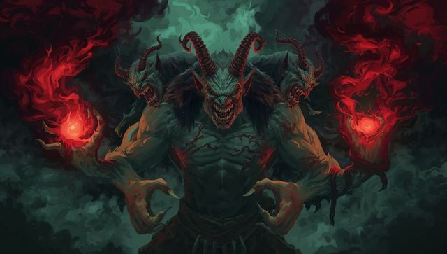 Three-headed demon summoning fiery red orbs in mystical infernal chamber