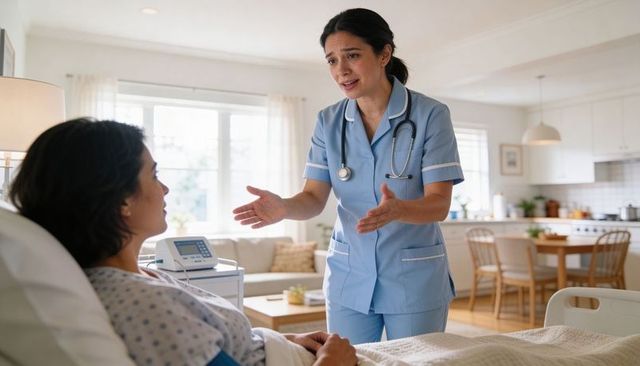 Home nurse comforting patient in bed while consulting on care plan, bedside care