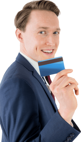 Transparent Portrait Businessman Holding Credit Card Smiling