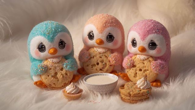 Pastel Penguin Plush Trio Holding Sprinkle Cookies on Cozy Faux Fur with Milk and Treats