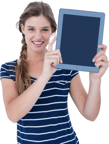 Woman Smiling Holding Transparent Tablet Cutout On White Background