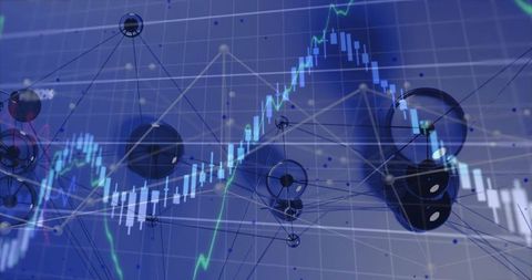 3d network nodes with candlestick bars on digital grid interface