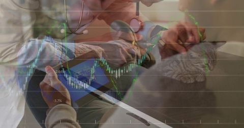 Veterinarian examining cat at home with tablet showing financial chart overlay