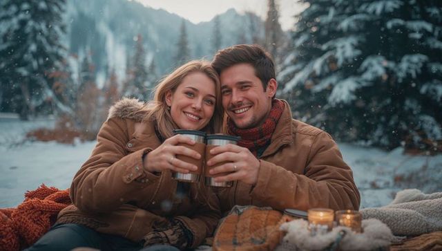Romantic Winter Toasting in Snowy Forest Glade