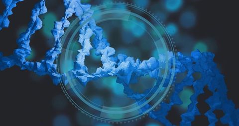 Low-poly blue dna double helix twisting over dark bokeh with circular hud overlay in neon cyan